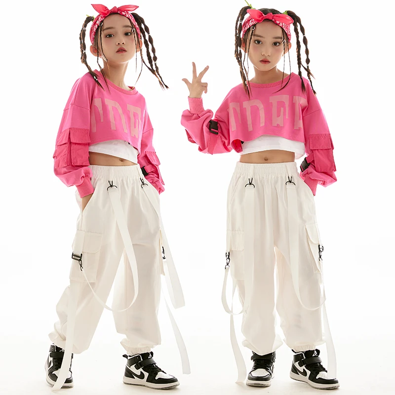 Kpop Kids Hip Hop Dance Clothes For Girls Pink Crop Tops Loose White Pants Modern Jazz Performance Costume Rave Outfit BL9560