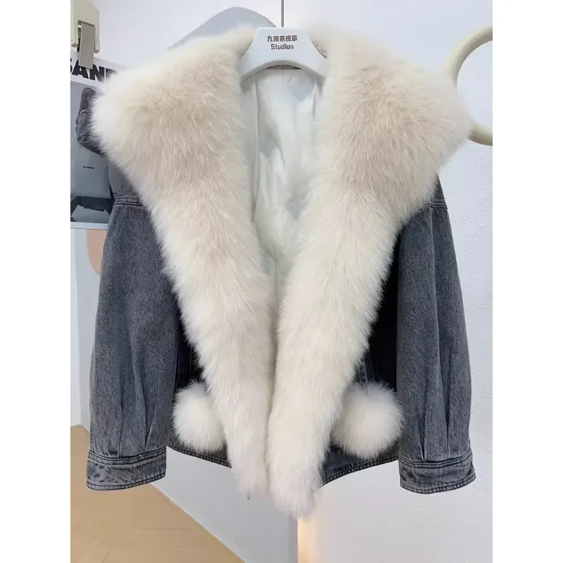 

Leading Hair Ball, Fox Fur, Denim Fur Jacket, Pie Overcoming Female Goose Down Inner Lining Coats