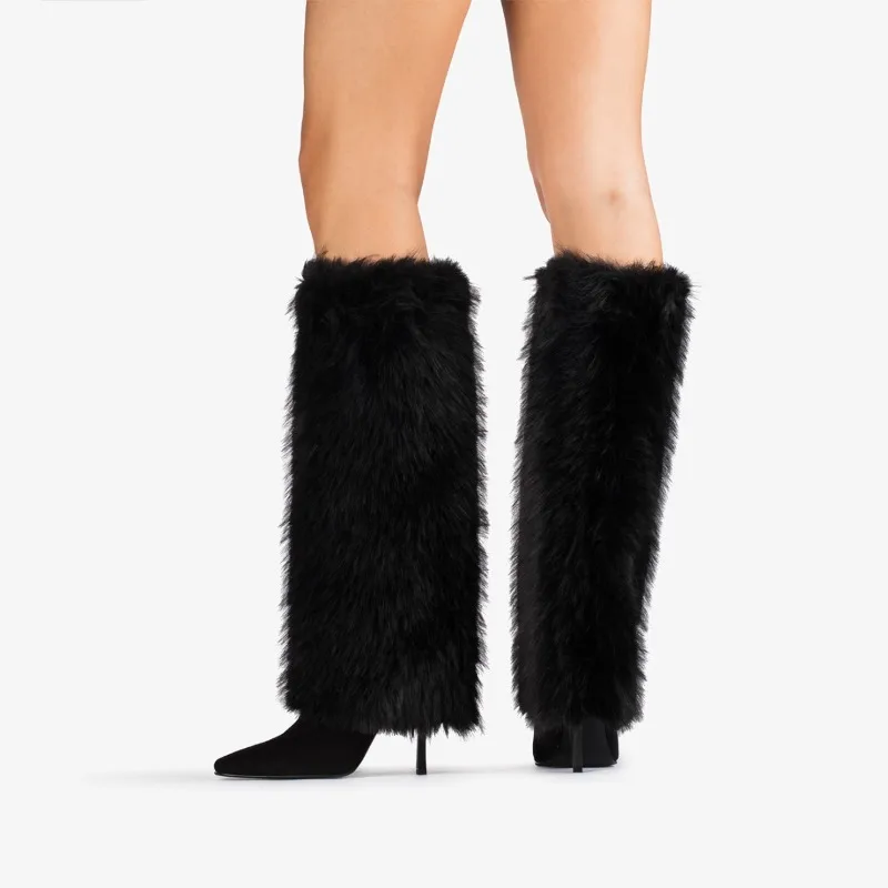 2025 Autunno/Inverno da donna Stiletto Piccola testa quadrata Manica pelosa Gonna al ginocchioStivali Scarpe da banchetto di nicchia europee e americane