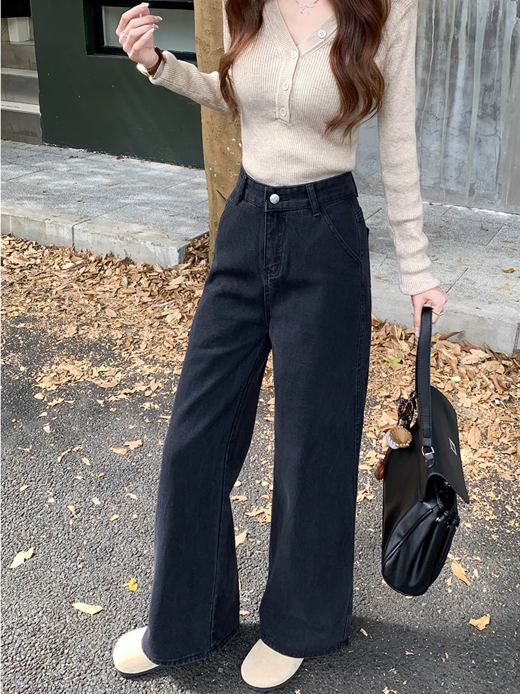 스트레이트 진 여성 자수 레이스업 진주 비즈 장식 러플 예술적 여성미 미학적 시크 편안한 부드러운 모던 가을