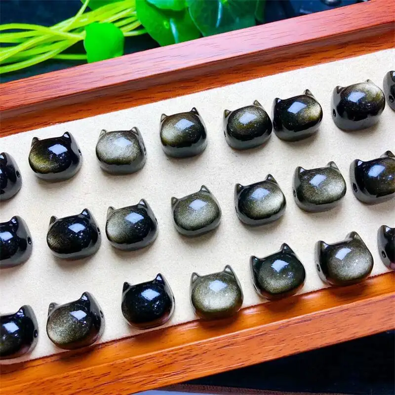 10pcs Natural Golden Obsidian Cat Face Cartoon Cute Pendant DIY Necklace Bracelet Children Healing Fengshui Jewelry Gift 14x15mm