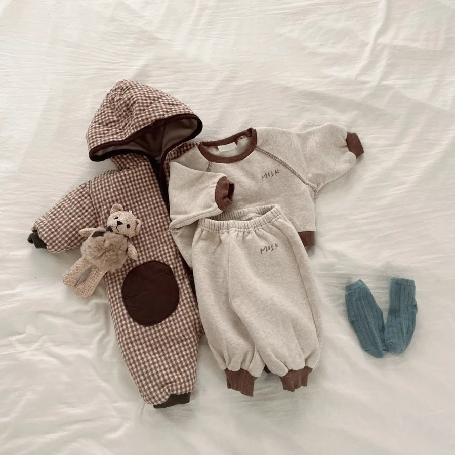 Winter New Baby Fleece Sweatshirt Set Infant Boy Girl Letter Casual Tops + Pants 2pcs Suit Kids Plus Velvet Thicken Warm Outfits