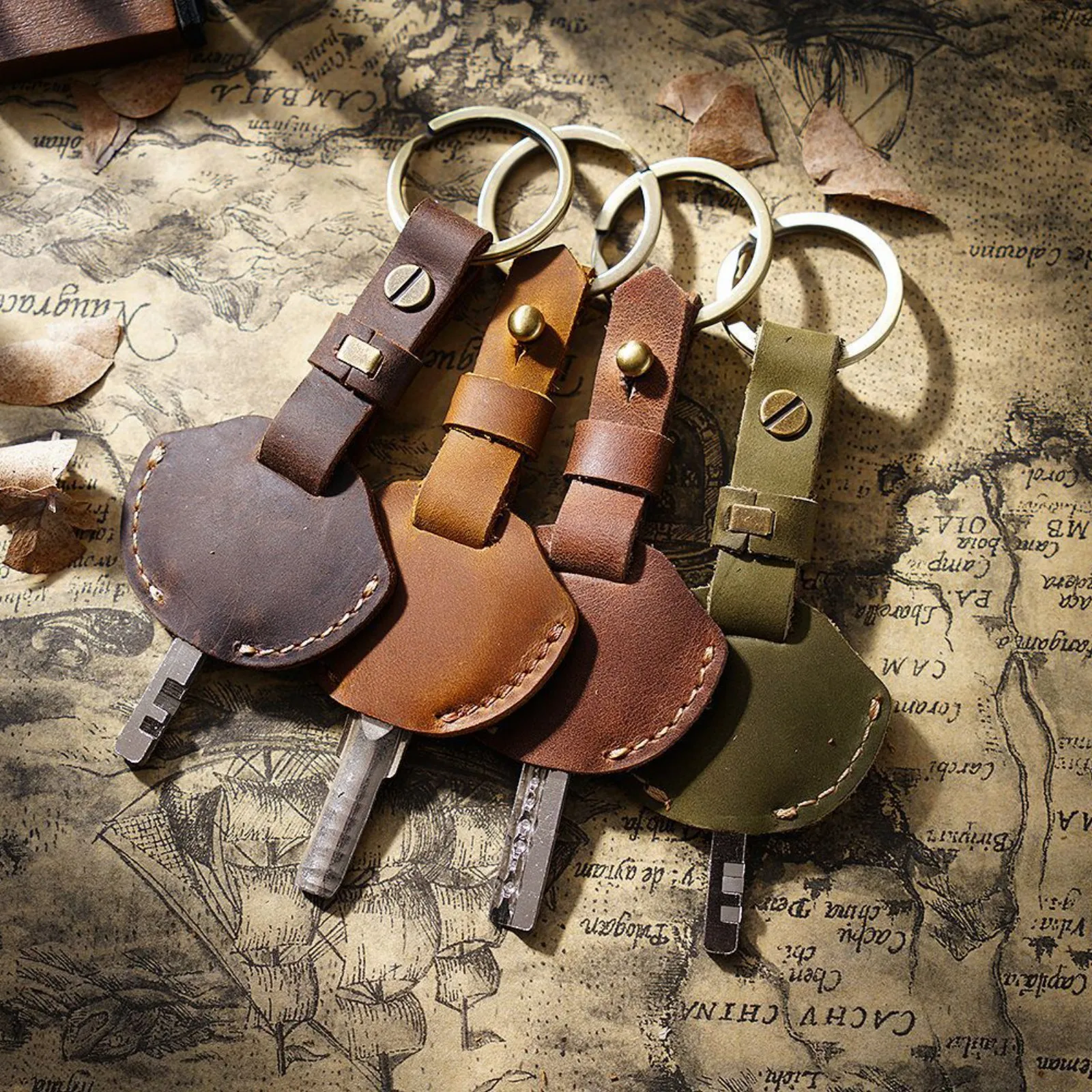 Genuine Leather Key Sleeve Cover with Key Chain Ring, Stylish Leather Key Fob Keychain Case Car Key Holder for Women Men
