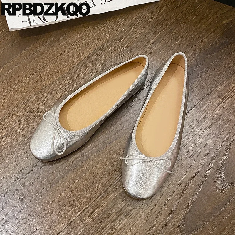 Bow Knot Roll Up Cow Leather Shoes Bowknot Bowtie Ballerina Genuine 34 Foldable Round Toe Flats Ballet Metallic Women Slip On