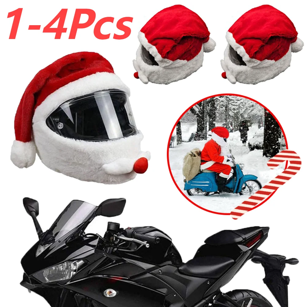 

1-4 шт., рождественские шапки для мотоциклетного шлема, рождественская тематическая забавная плюшевая шапка с декором, зимняя теплая крышка для шлема для верховой езды