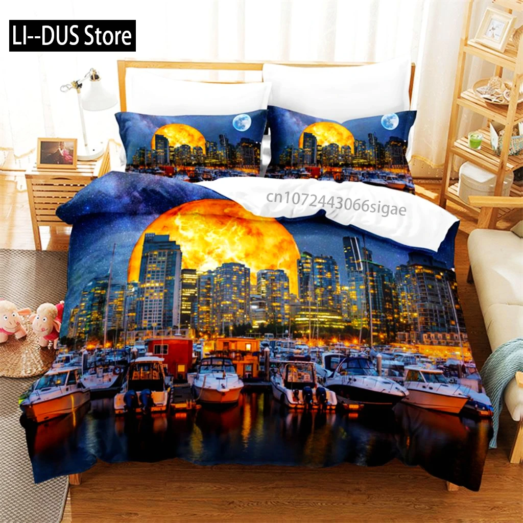 مدينة ليلة المشهد طقم سرير حاف مجموعة غطاء الفراش ثلاثية الأبعاد الطباعة الرقمية الملكة حجم طقم سرير تصميم الأزياء