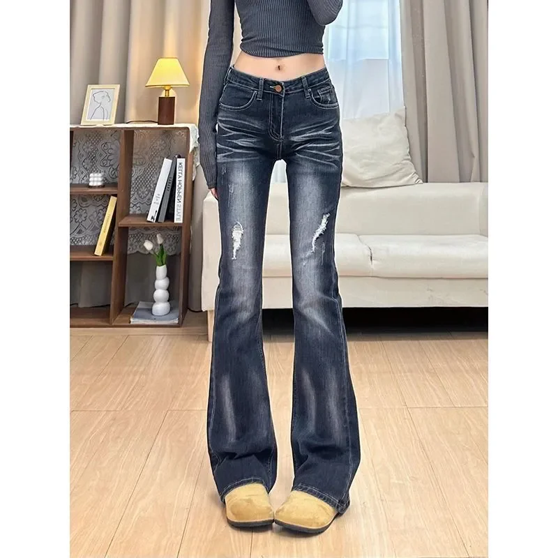 

Women's Vintage Distressed Flare Jeans High Waist Slim Fit Stretch Denim Pants Fashion Streetwear Bell Bottom Jeans