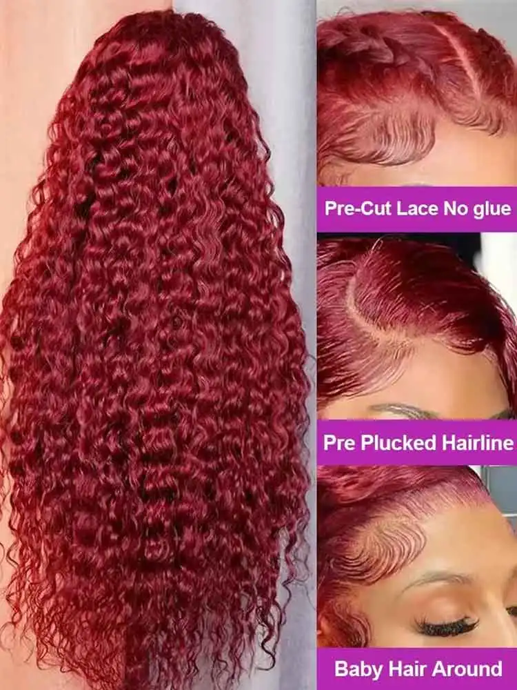 99J Burgundy 250 Density 13x4 HD Lace Front Wigs Human Hair Red Wine 30 Inch Deep Wave Brazilian Curly Glueless Lace Frontal Wig image 3