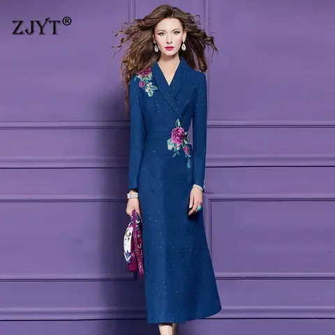 ZJYT Elegant Diamonds Floral Embroidery Blue Dress Women Autumn Winter Clothes 2025 Long Sleeve Midi Party Dresses Plus Size