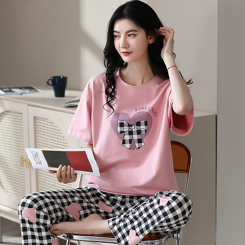 Pajamas with Cushion Female Summer Teenage Girls Cute Sweet Short-Sleeved Long Pants Two-Piece Suit Can Be Worn Outside Home Wea