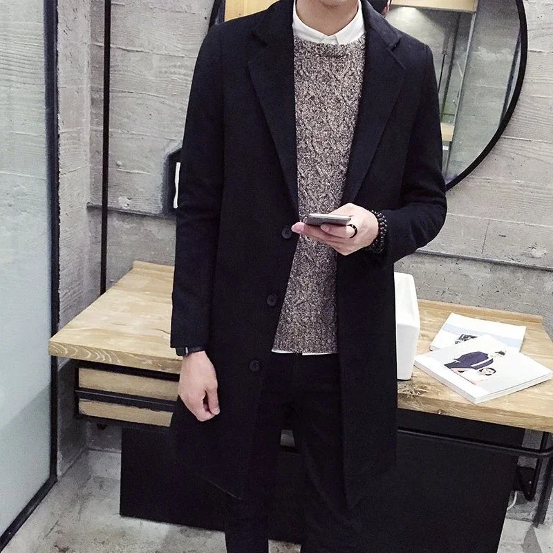 

Korean Fashion Men's Woolen Trench Coat Loose Fit Thickened Winter Business Casual Coat​