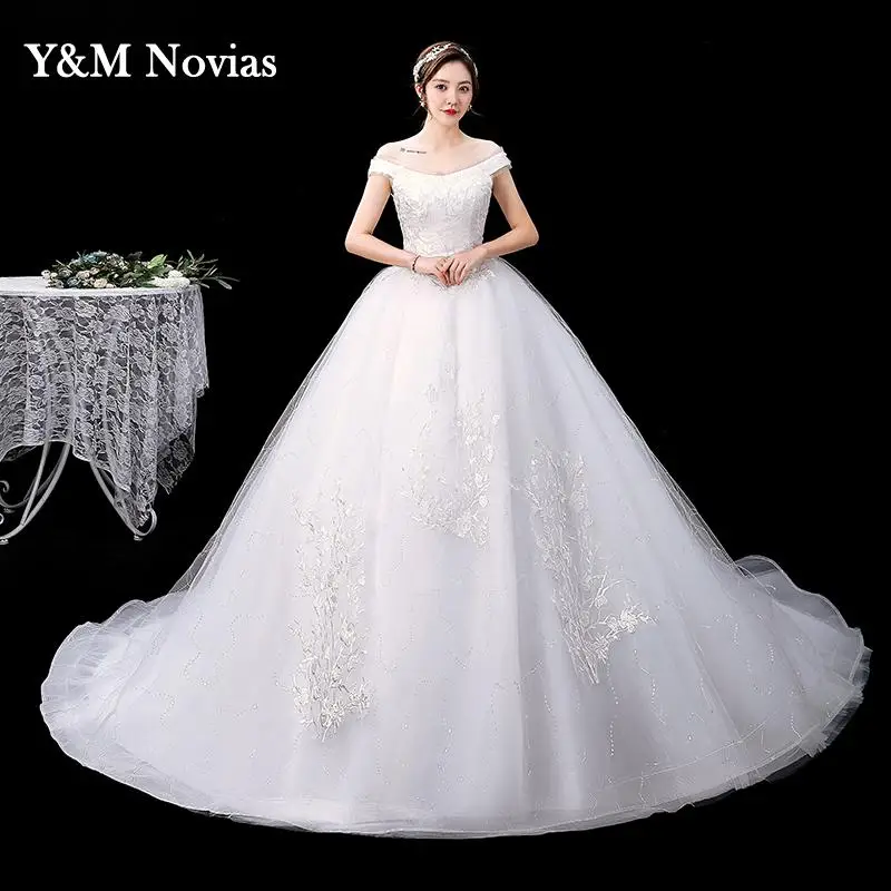 Korean Simple Sexy Boat Neck Off the Shoulder Wedding Dresses Fashion Princess Lace Appliques Bridal Dress Gown Vestido De Noiva