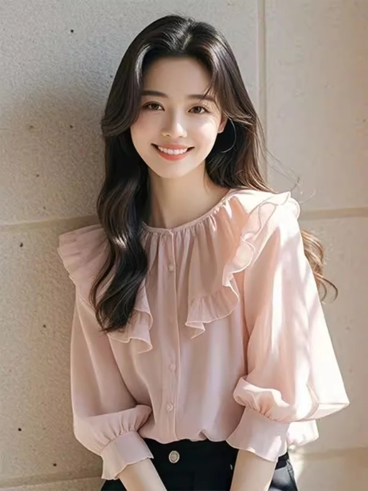 

2025 Spring Summer New Blouses Solid Color Ruffles O Neck Three Quarter Sleeve Shirts Fashion Sweet All Match Women's Clothing
