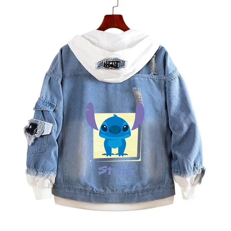 Sanrio Stitch Denim Hooded Coats Cute Cartoon Sweatshirts Kids Kawaii Anime Print Design Jacket Casual Streetwear Coat For Men