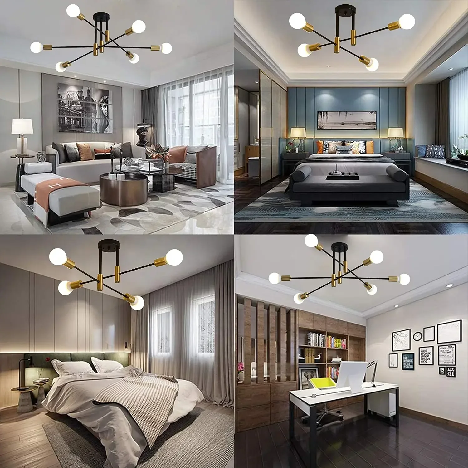 

Sputnik Chandelier Industrial Semi Flush Mount Pendant Modern Ceiling Light Fixture for Kitchen Dining Bedroom Room