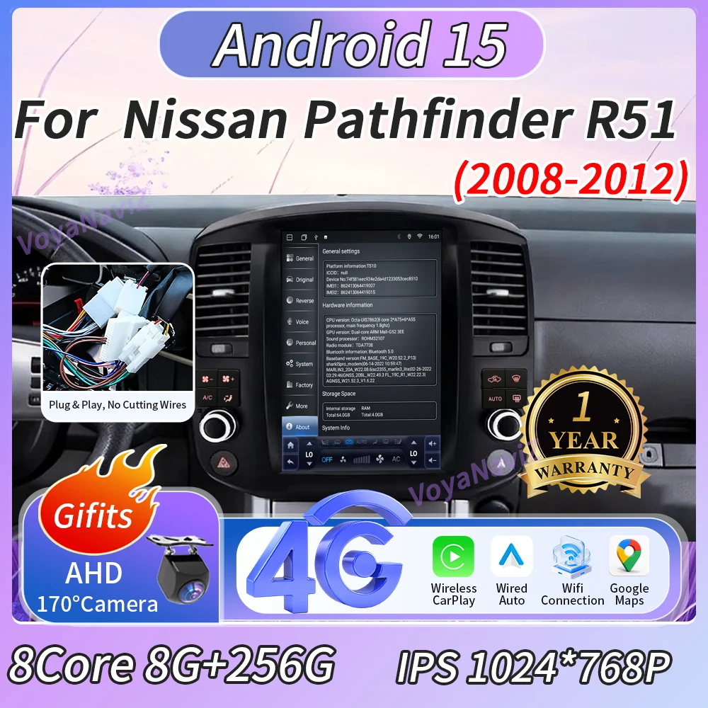 

Carplay Display Android 15 For Nissan Pathfinder R51 2008-2012 Car Multimedia Player Stereo Receiver 12.1" 1024*768 Head Unit FM