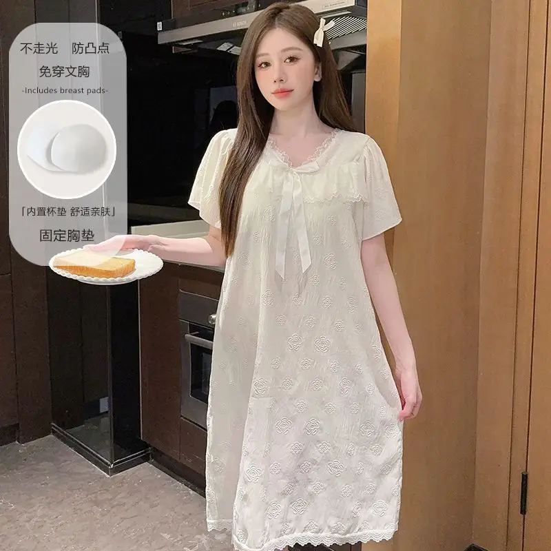 

Летние хлопковые сексуальные кружевные ночные сорочки с коротким рукавом 2025 года для женщин, корейская милая домашняя одежда для сна, ночная рубашка