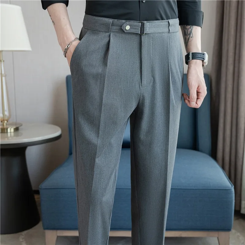 Summer Thin Belt Decoration Cropped Pants Men's Elastic Slim Casual Business Formal Pants Office Social Streetwear Men Clothing