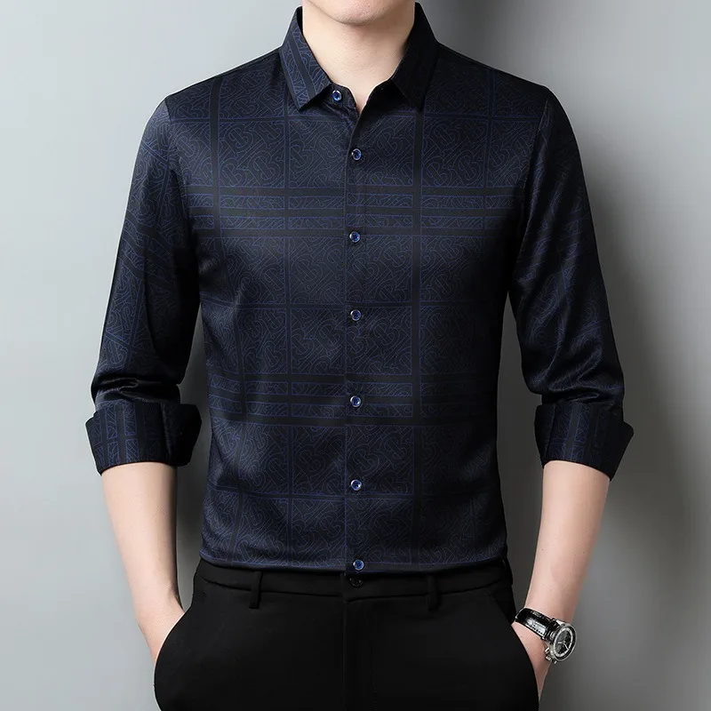 เสื้อเชิ้ตแขนยาวทรงหลวมสำหรับผู้ชาย สไตล์ลำลองธุรกิจ ลายเรขาคณิต ติดกระดุม สำหรับฤดูใบไม้ผลิและฤดูใบไม้ร่วง