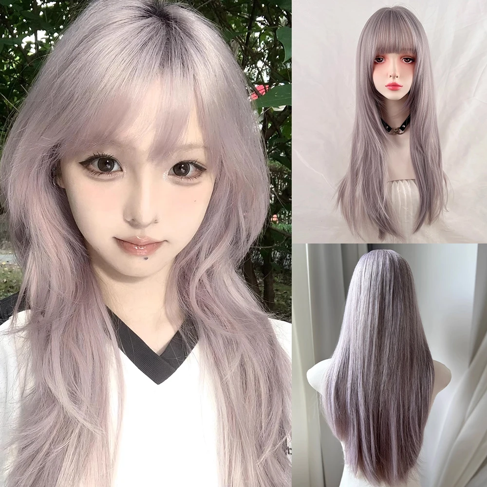 

Light Purple Long Straight Layered Synthetic Wig with Bangs Fluffy Women Lolita Cosplay Wig for Daily Party