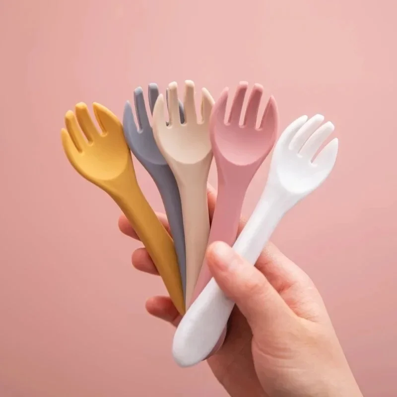 2pcs Candy Color Baby Soft Silicone Spoon Fork Baby Learning Feeding Accessories Non-Slip Spoon Kids Boy Girl Food Feeding Tools