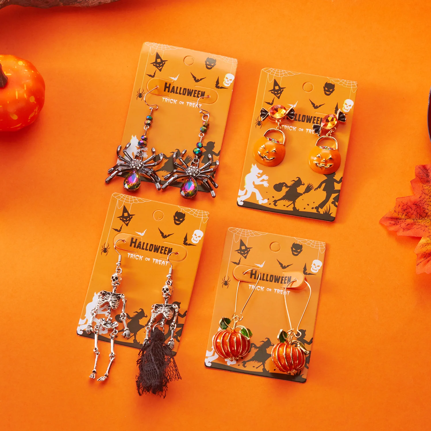 Trendige Halloween Lustige Kürbis-Ohrhänger für Frauen Asymmetrische Totenkopf-Skelett-Ohrhänger Party-Schmuck Geschenke 2025 – Detail 1