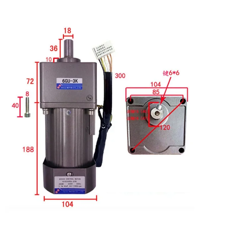 300W AC Gear Motor Speed Motor with Reduction Box 6GU3K-300K Industrial Grade Compact Size for Automation Applications