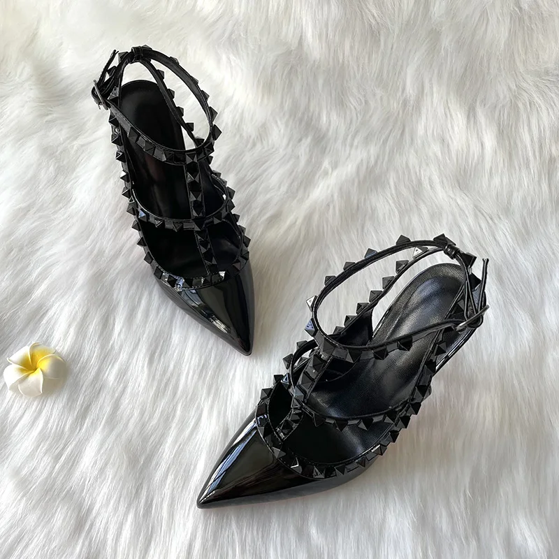 TOMONYE Black Patent Two Studs Rivets Straps Women Lady Girl Hot Sale 12cm Night Club Sexy Spring Slingback Heels Evening Shoes