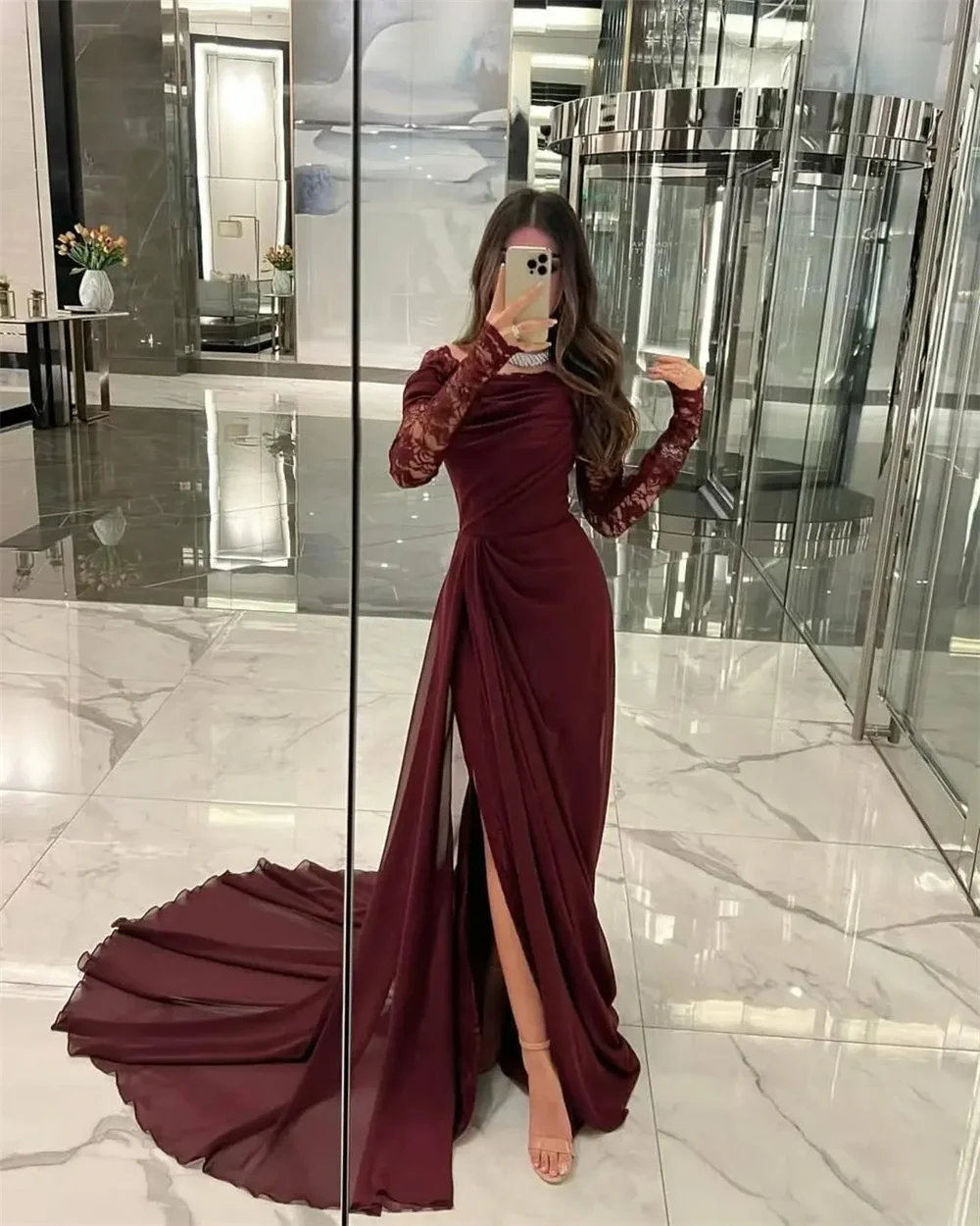 

Contessa Dubai Custom Slit Prom Dress With Elegant Cathedral Train Vestidos de noche Lace Long Sleeve Formal evening Prom party