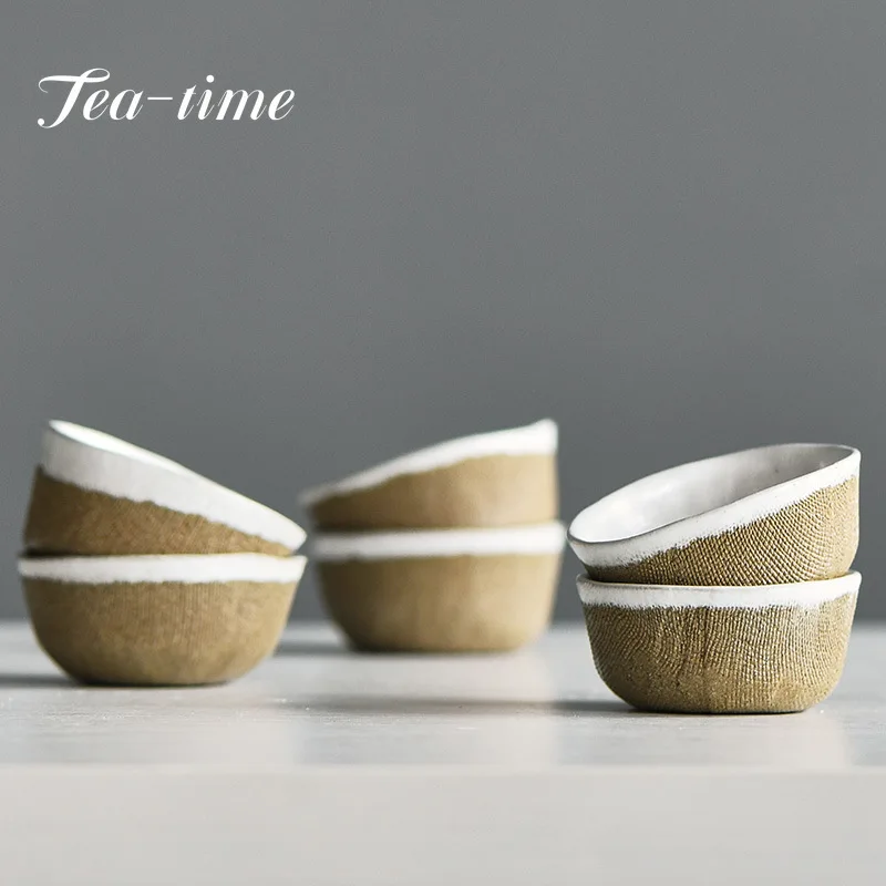 2pc/lot 45ml Hand-made Irregular Rough Pottery Teacup Kung Fu Tea Set Small Tea Cup Japanese Cotton Linen Ceramic Sake Wine Cup