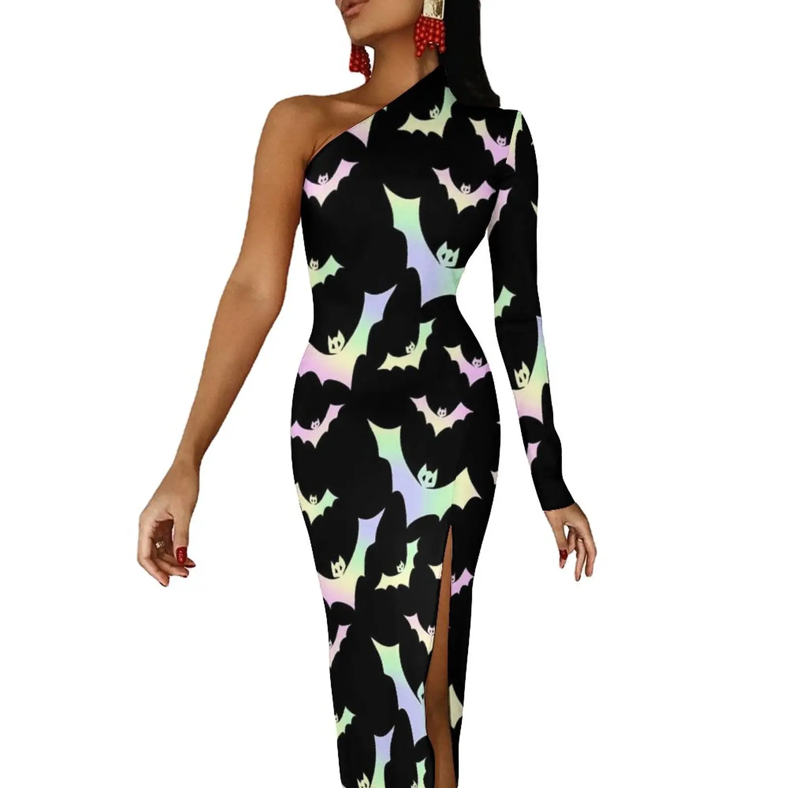 Goth Vampir Fledermaus Maxi Kleid Langarm Tier Nachtclub, Figurbetontes Kleid Herbst Street Style Lange Kleider Frauen Grafik Vestido