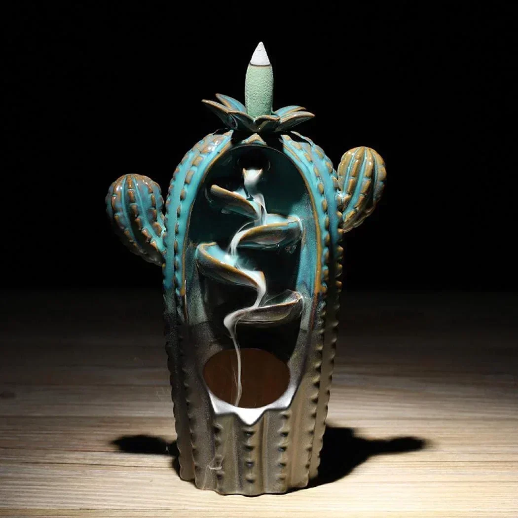 Ceramic Cactus Backflow Incense Burner Left and Right Backflow Aromatherapy Stove Waterfall Holder Home Craft Ornaments