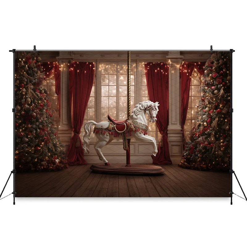Mocsicka クリスマス写真背景新年パーティーホームツリー馬赤いカーテン装飾写真背景スタジオ壁紙