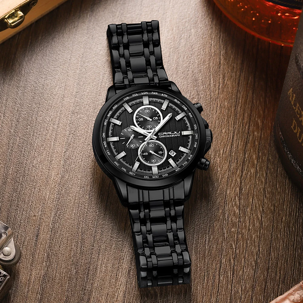 CRRJU Brand Creative Multifunction Male Wristwatch Date Display Stainless steel Men Quartz Watch Waterproof Sports Chronograph