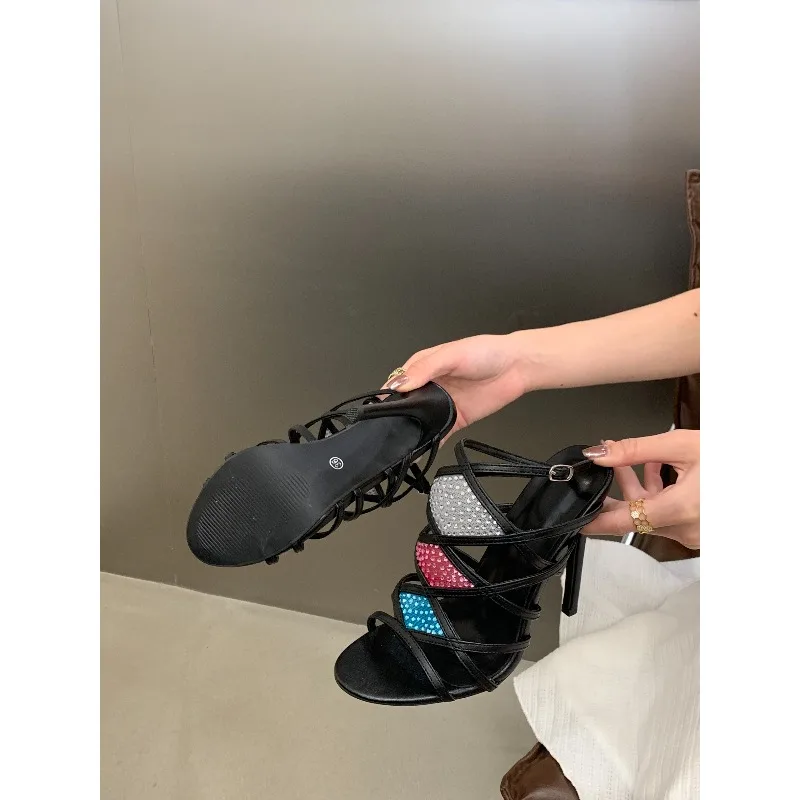 New Women's Three-color Rhinestone Thin Strip Hollow Sandals Open-toed High-heeled Sandals Banquet Shoes Dress Shoes Size 35-42 - view 6