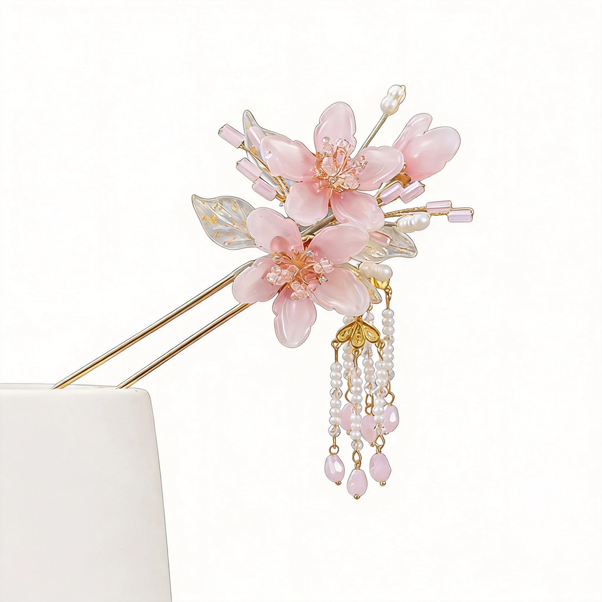 Vintage Chinese Hanfu Pink Cherry Blossom Tassel Hair Stick Pearl Hairpin For Women Cheongsam Skirt Cosplay Party Hair Accessory