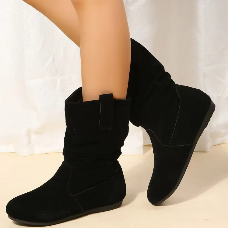Mulheres plana meados de bezerro camurça tornozelo botas plataforma oeste cowboy sapatos dedo do pé redondo bota outono couro do plutônio senhoras camurça botas de mujer