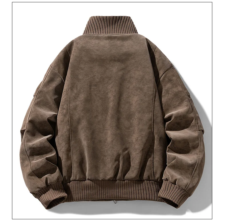 Men Casual Winter Faux Suede Bomber Jacket Stand Collar Parkas Motorcycle Coa Zip Up Warm Thickened Outerwear Fashion 28518