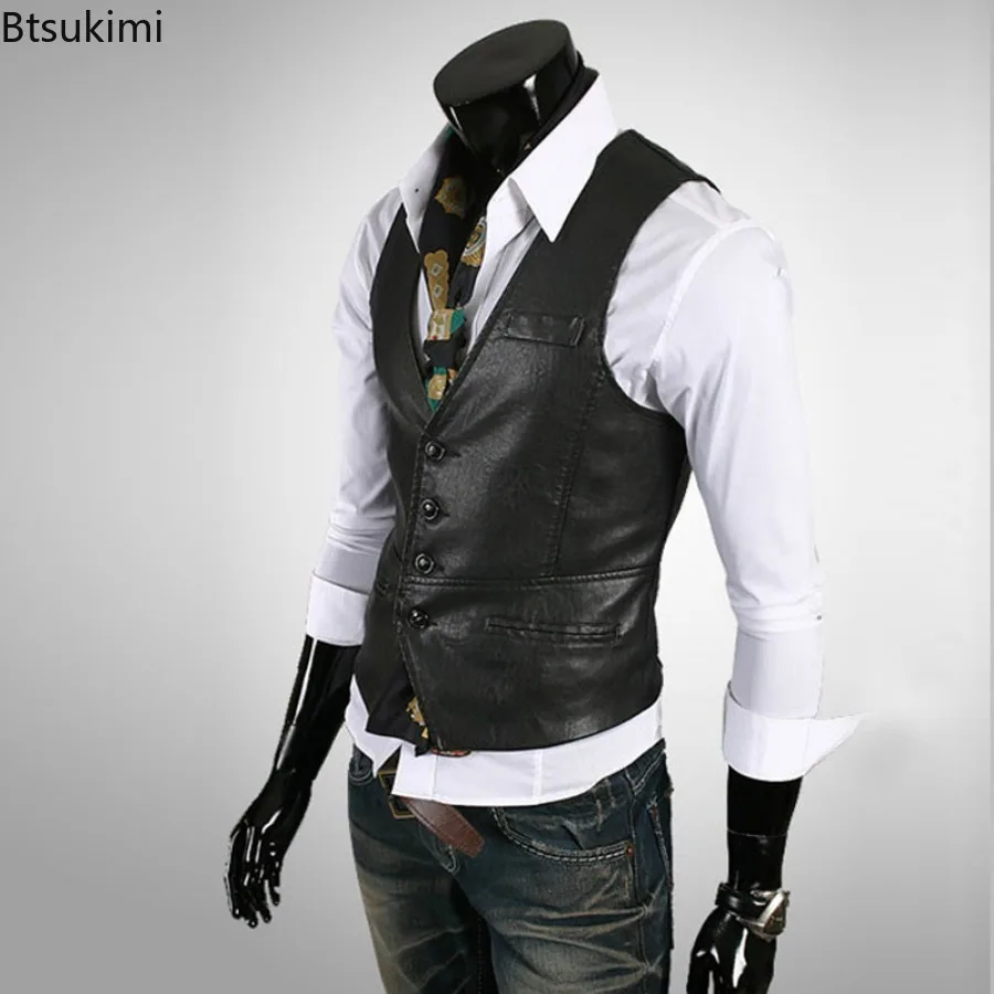 Plus Size 7XL Men's Fashion PU Leather Vest Korean Style Slim Design Sleeveless Leather Tops Business Party Waistcoat Gentleman