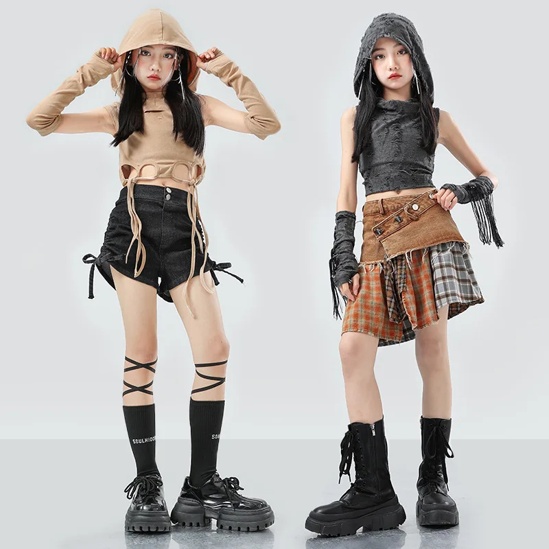 Kid Wasteland Hip Hop Clothing Brown Hoodie Crop Tank Camouflage Print Cargo Pants Shorts for Girls Jazz Dance Costumes Clothes