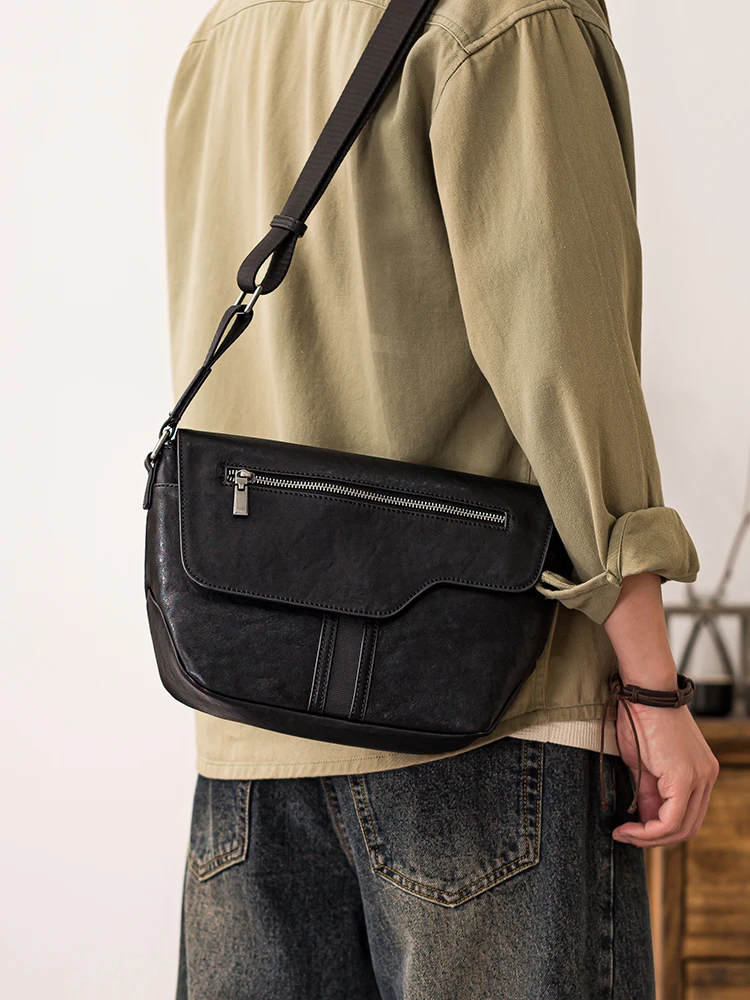 casual organizer designer first layer cowhide men's black messenger bag vintage travel handmade genuine leather shoulder bag