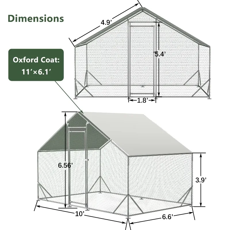 Large Metal Chicken Coop, Walk-in Chicken Run,Galvanized Wire Poultry Chicken Hen Duck Cages with Waterproof Cover