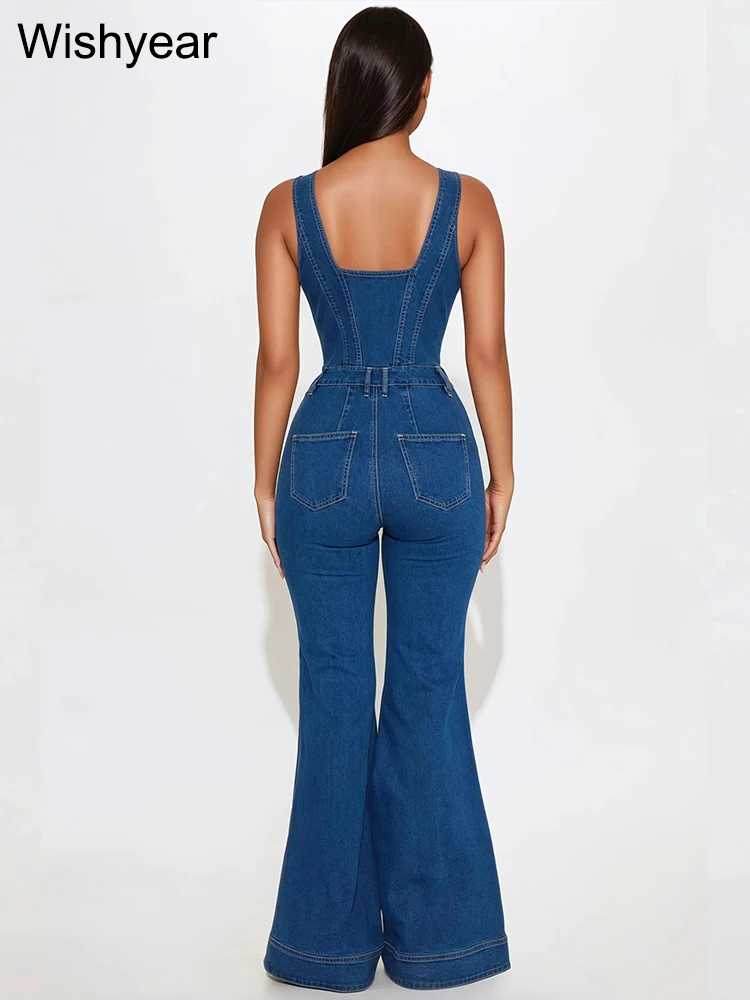 Vintage Denim Backless Bodycon Sleeveless Single Breasted Jumpsuit Women Casual Slim One Pieces Outfits Blue Flare Pants Jeans