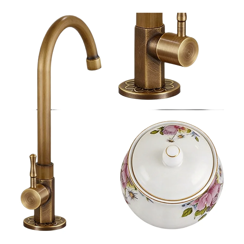 Vertical Mount Single Cold Water Faucet in Antique Copper with 360 Degree Rotating Spout for Outdoor Basin Use