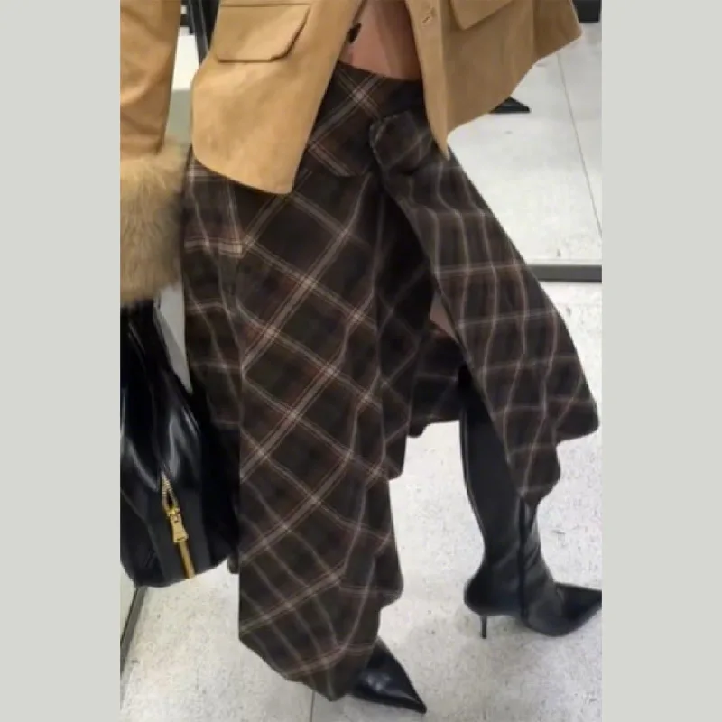 

Zaza Vintage Autumn Winter Irregular Hem Grid Skirt For Women Elegant Loose Casual Stretching Waist Skirt 2025 New Lady Clothes