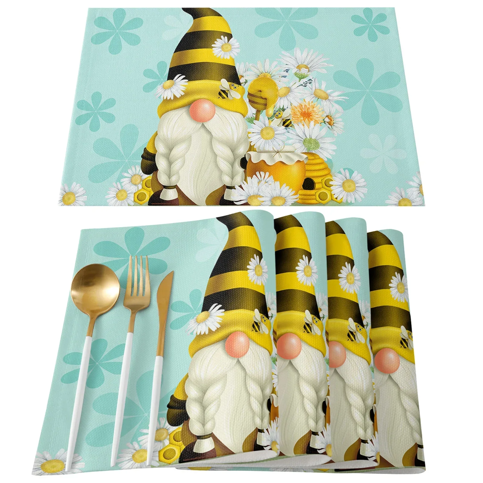 Placemats Pastoral Spring Bee Daisy Gnome Table Mats Cotton Linen Kitchen Accessories Home Decorative Coaster