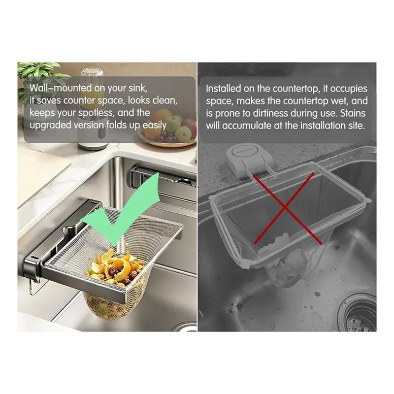 SHGO-Kitchen Sink Drain Strainer Catcher With 50Pcs Filter Mesh Bag, Folding Design Food Waste Filter Basket