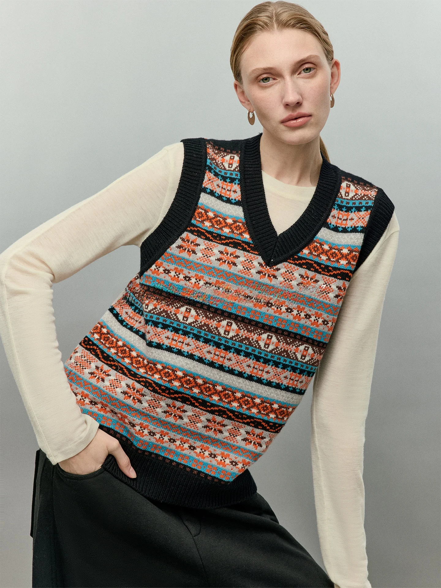 

CHANDOOIVY Retro Sle Long Sve V-Ne Knitted Vest Australian Wool Fair Isle Texture Middle-Aged Feeling Women's Faion