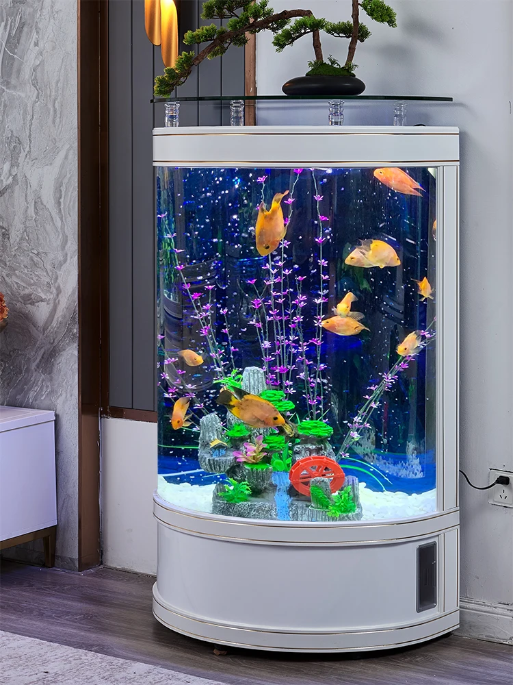 Light luxury fish tank living room semi circular floor to ceiling glass aquarium