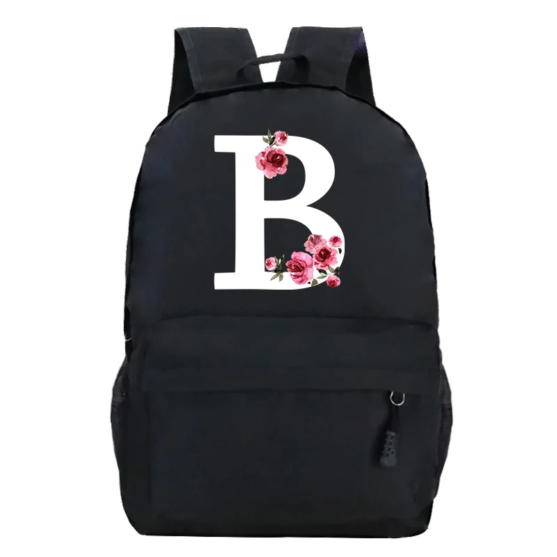 Fashion Rose Letter Backpack Canvas Women Bagpack Floral 26 Alphabet School Bags for Teenage Girls Vintage Flower Design Bookbag